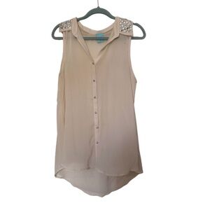 happening in the present Neutral Beige Sleeveless Jeweled Collar Blouse